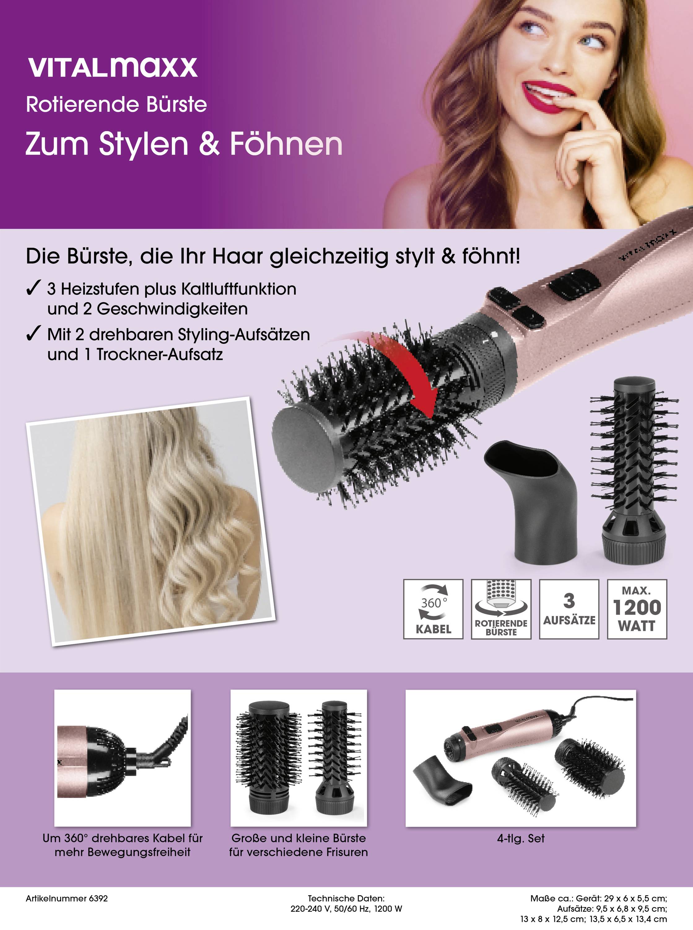 VitalMaxx Warmluftbürste Anthrazit, Rose-9