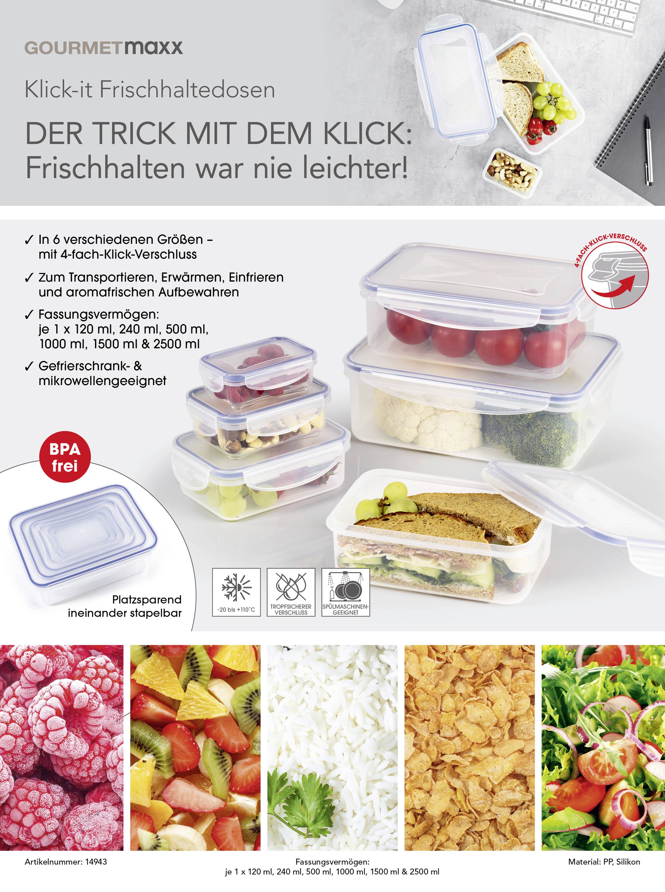 GourmetMaxx Aufbewahrungsbehälter 6er Set PP, Silikon Transparent, Blau 14943-7