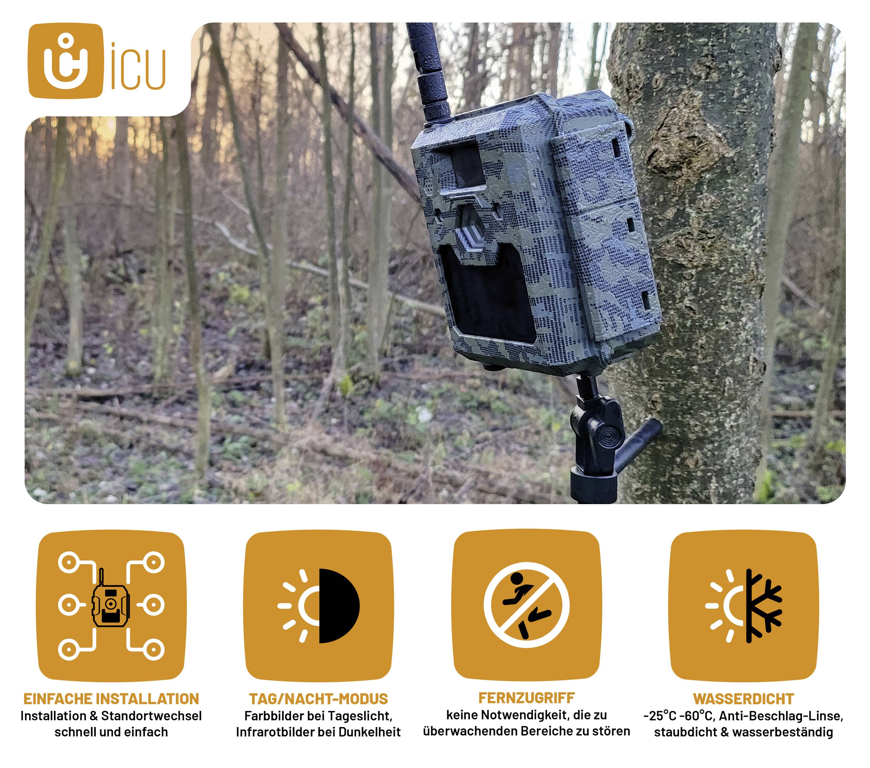 Eine getarnte Wildtierkamera ist an einem Baum befestigt. Symbole zeigen ihre Funktionen: einfache Installation, Tag/Nacht-Modus, Fernzugriff und Wasserdichtigkeit.