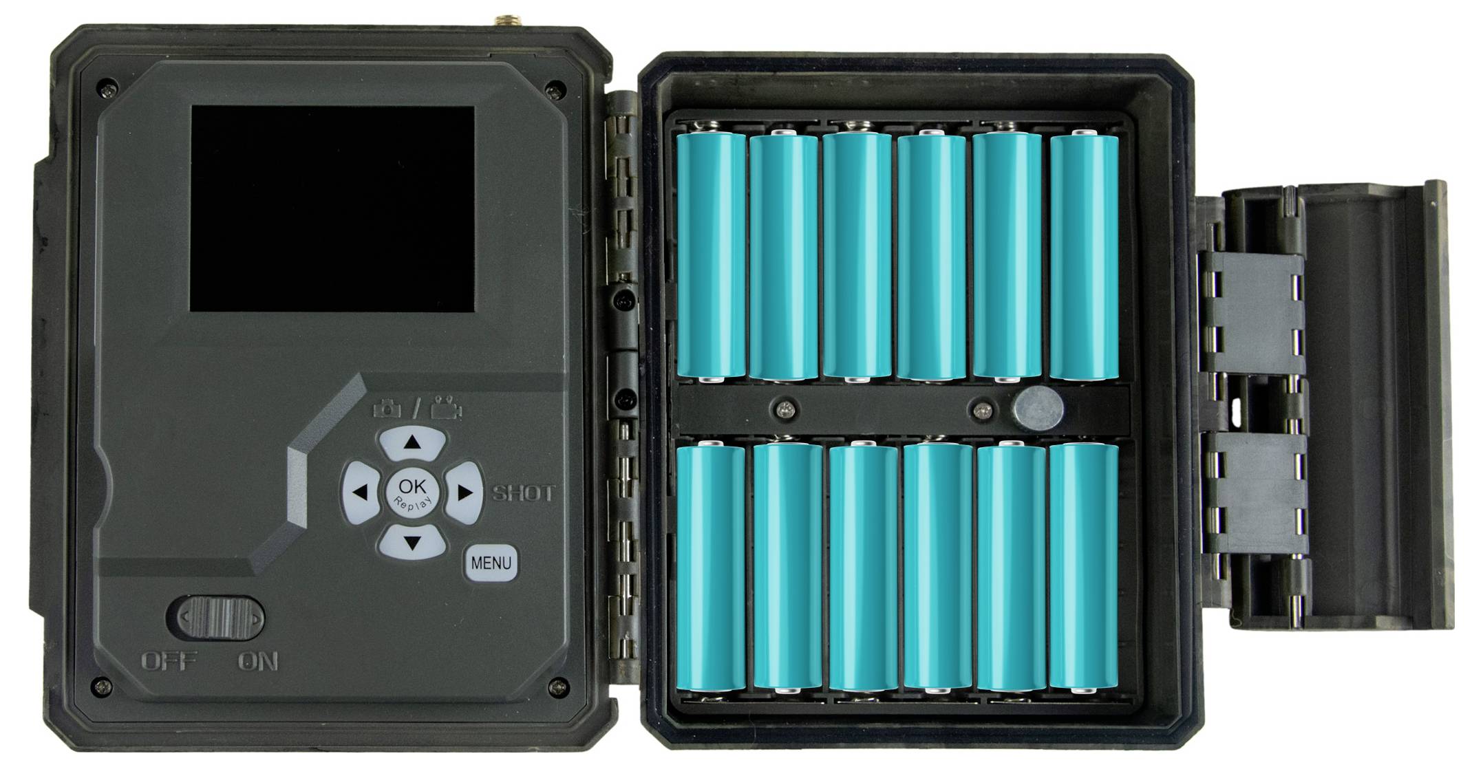 'Wildkamera geöffnet, linke Seite zeigt Display und Bedienelemente, rechte Seite enthält Batteriefach mit zwölf blauen Batterien.'