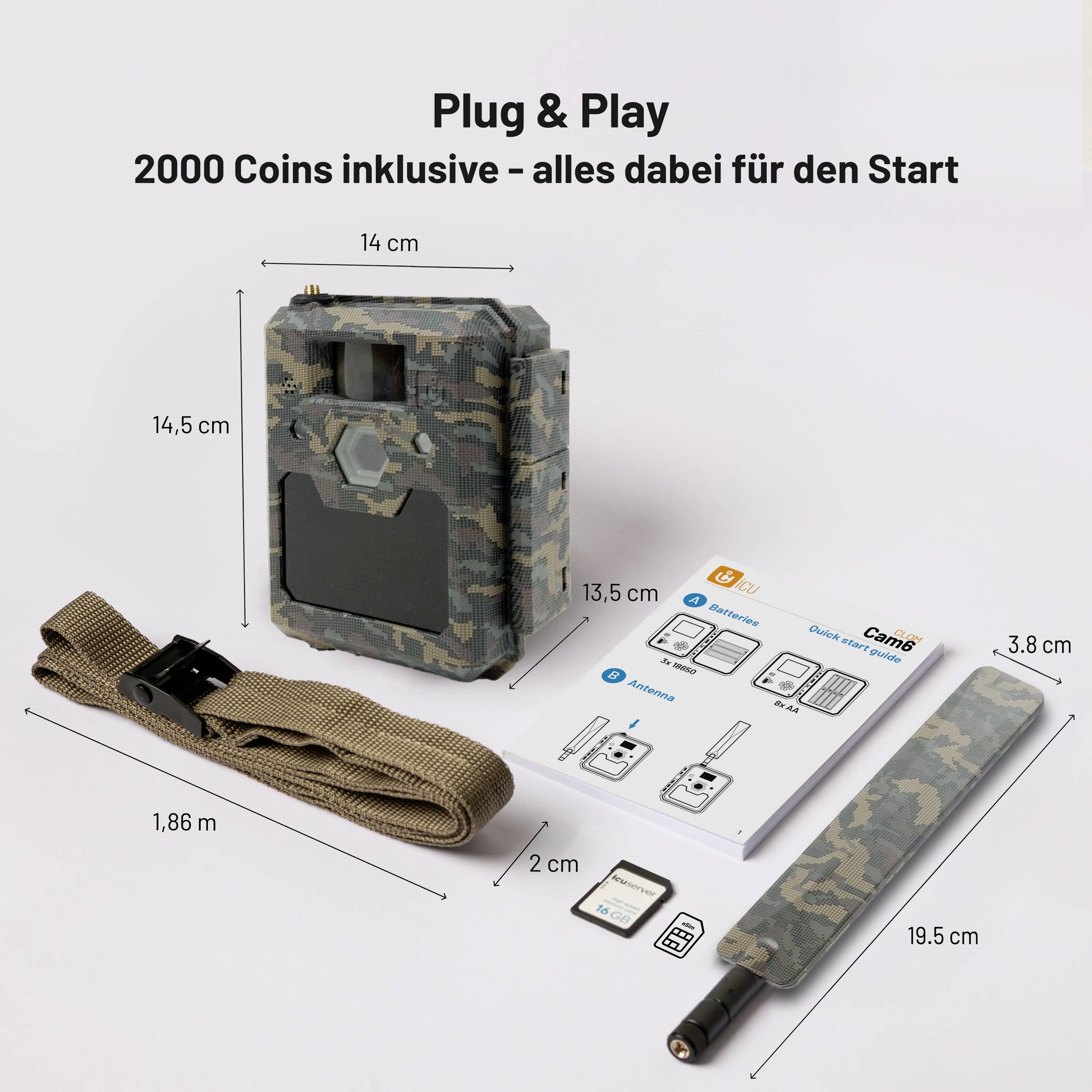 Kameraset: Tarnkamera, Tragegurte, Benutzerhandbuch, Zubehör, microSD-Karte und Ladekabel auf weißem Hintergrund gezeigt.