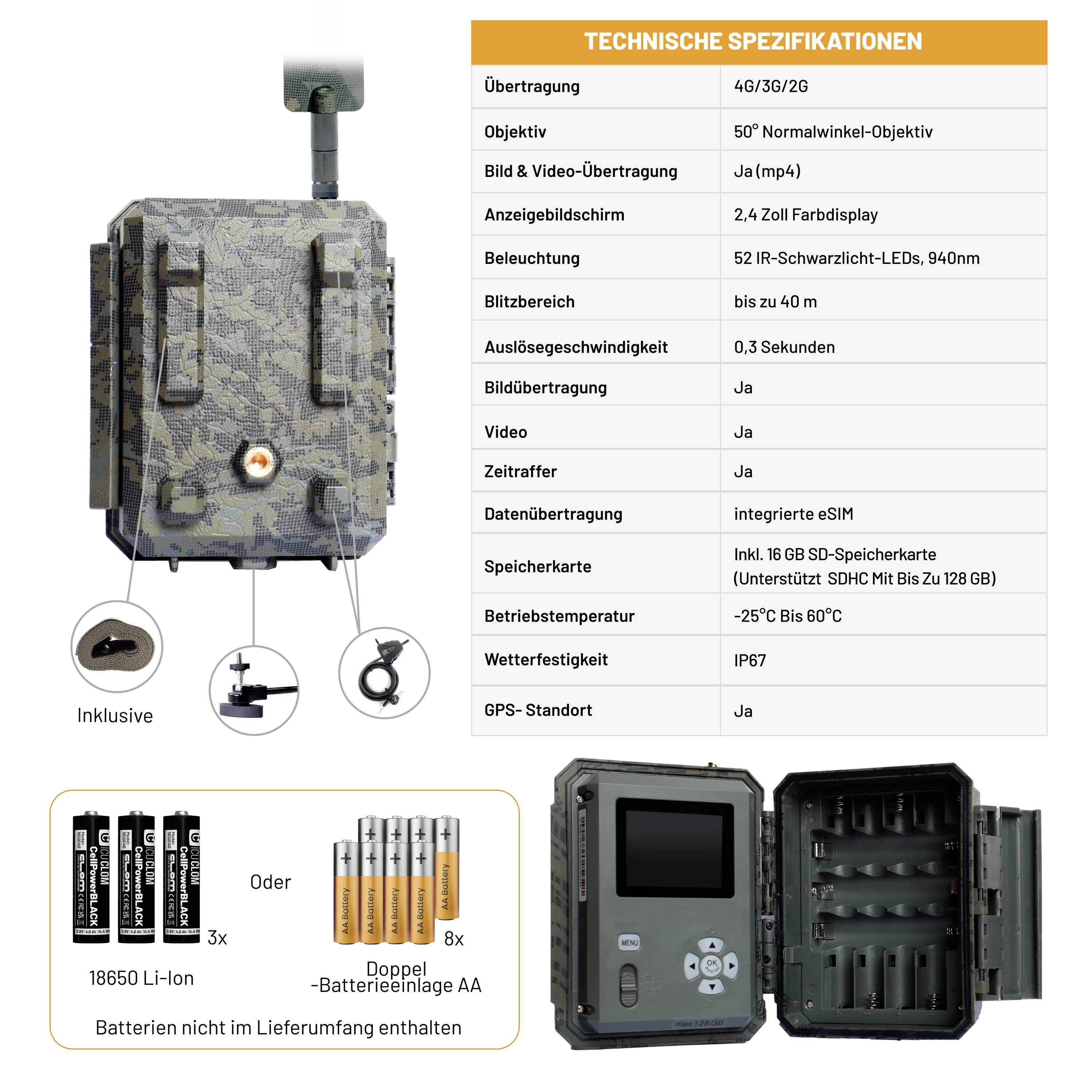 'Outdoor-Kamera mit Tarnmuster. Technische Angaben: 16 MP Bildsensor, 50° Objektiv, nachtsichtfähig, Videos in 2,4" Display. IP67-zertifiziert.'