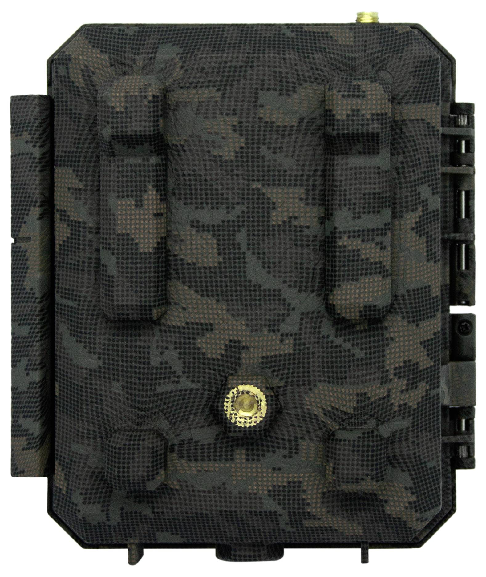 Eine getarnte Kamera in einem dunkelgrünen und braunen Muster, ähnlich einem militärischen Tarndesign, mit markanten rechteckigen Formen.