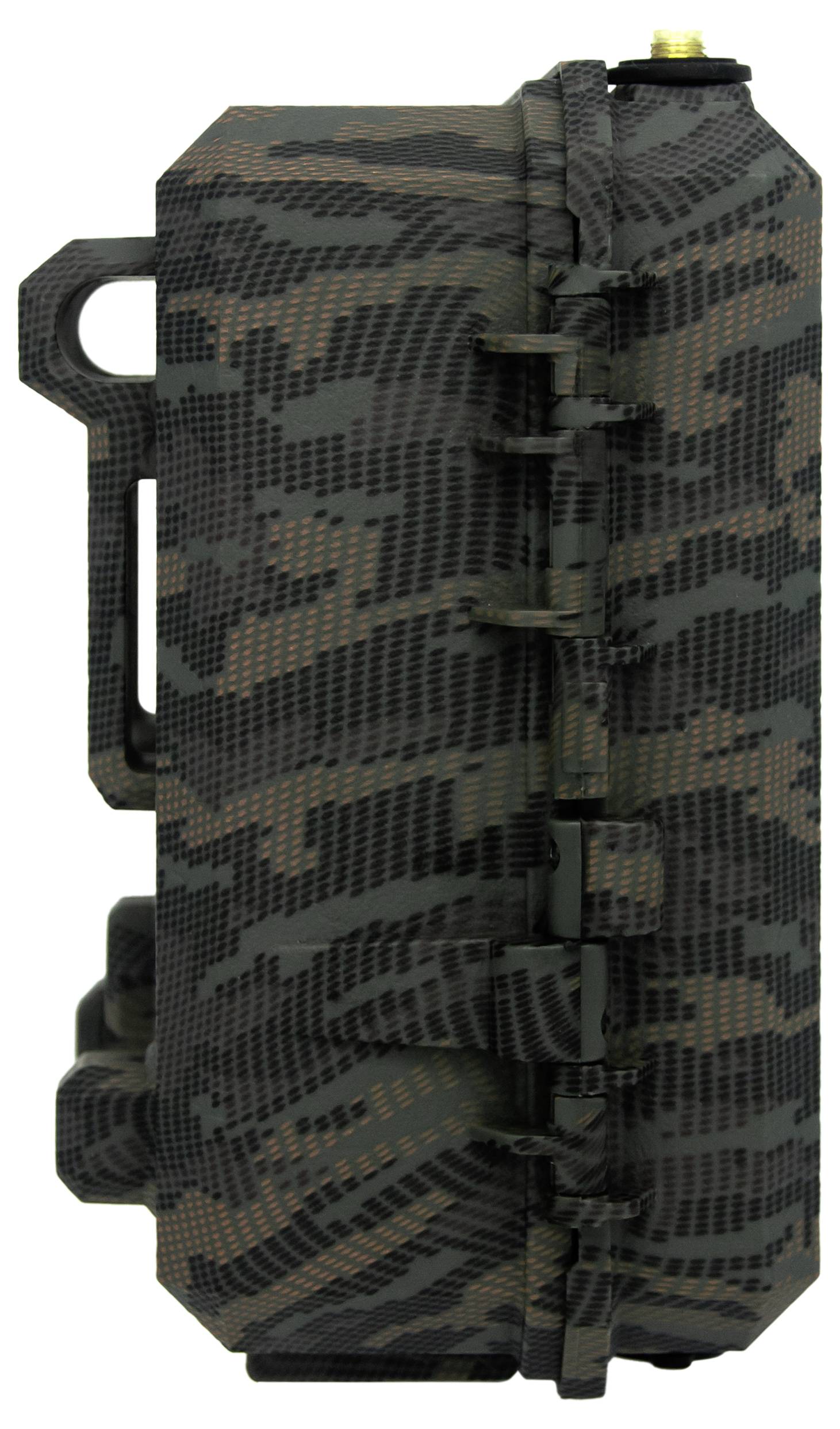 Kompakte, tarnfarbene Gerätetasche mit Riegelverschluss und Halterung.