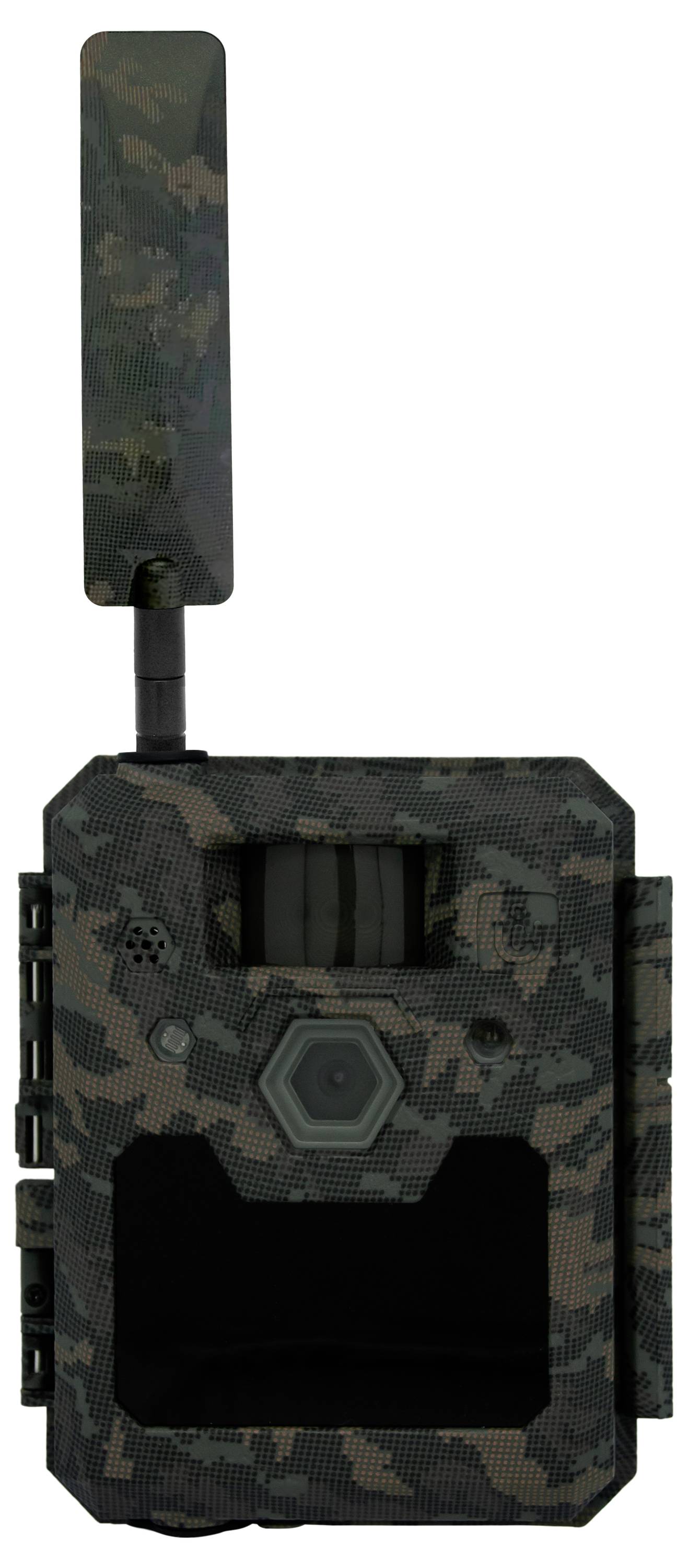 Eine tarnfarbene Wildkamera mit Antenne, geeignet für die Überwachung von Wildtieren in einem natürlichen Umfeld.