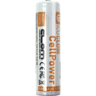 Eine Lithium-Batterie mit der Aufschrift 'CLOM CellPower', Modell ICU324, 3,6V 4Ah, geeignet für Kameraanwendungen.