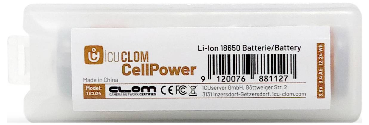 Ladegerät für Li-Ion 18650 Batterien im Plastikgehäuse. Etikett zeigt Marke 'ICU CL0M', Modell, Zertifizierungen und Herstelleradresse.