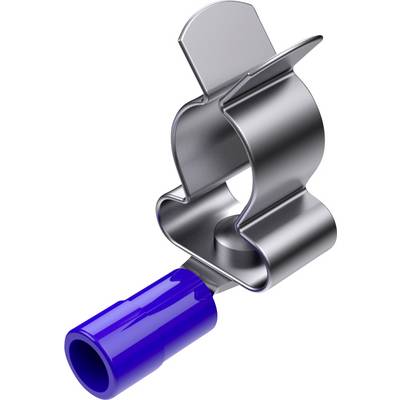 Metallklammer mit blauem Kunststoffgriff, verwendet zum Zusammenhalten von Materialien oder Befestigen in technischen Anwendungen.