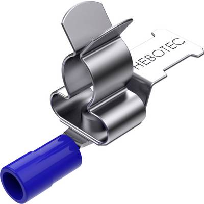 Metallklemme mit blauer Kunststoffkomponente, markiert mit 'HEBOTEC', verwendet zur Befestigung in verschiedenen Anwendungen.