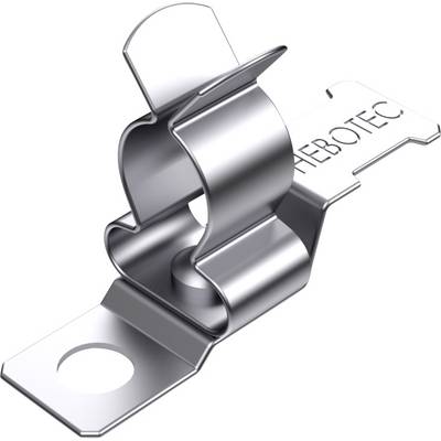 Metallhalterung mit Hebotec-Logo, geeignet zur einfachen Befestigung von Kabeln oder Rohren, glänzende Oberfläche, rechteckige Basis.