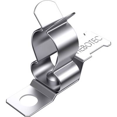 Ein silberner Metallclip mit seitlicher Öffnung und Halterung. Geeignet zur Befestigung von Kabeln oder Schläuchen, markiert mit 'HEBOTEC'.