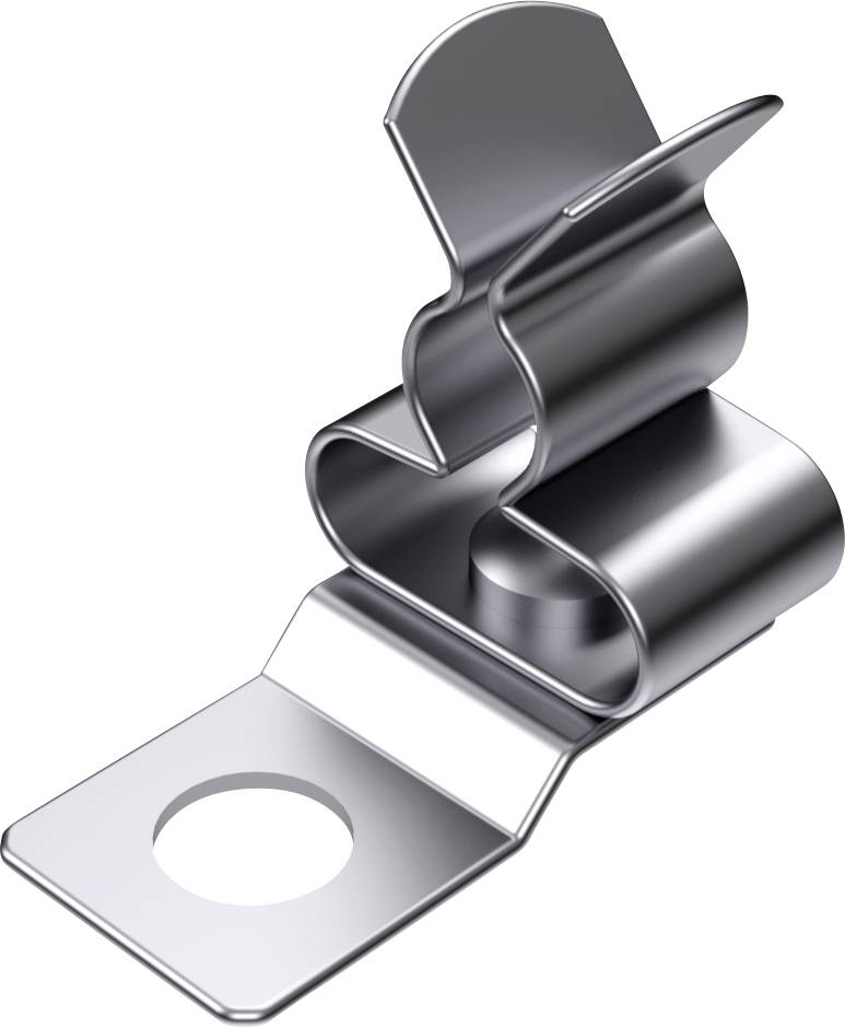 Eine gebogene Metallklammer mit einer Öffnung am Ende. Sie ist silbern und glatt, geeignet zum Anbringen an einer Autokarosserie.