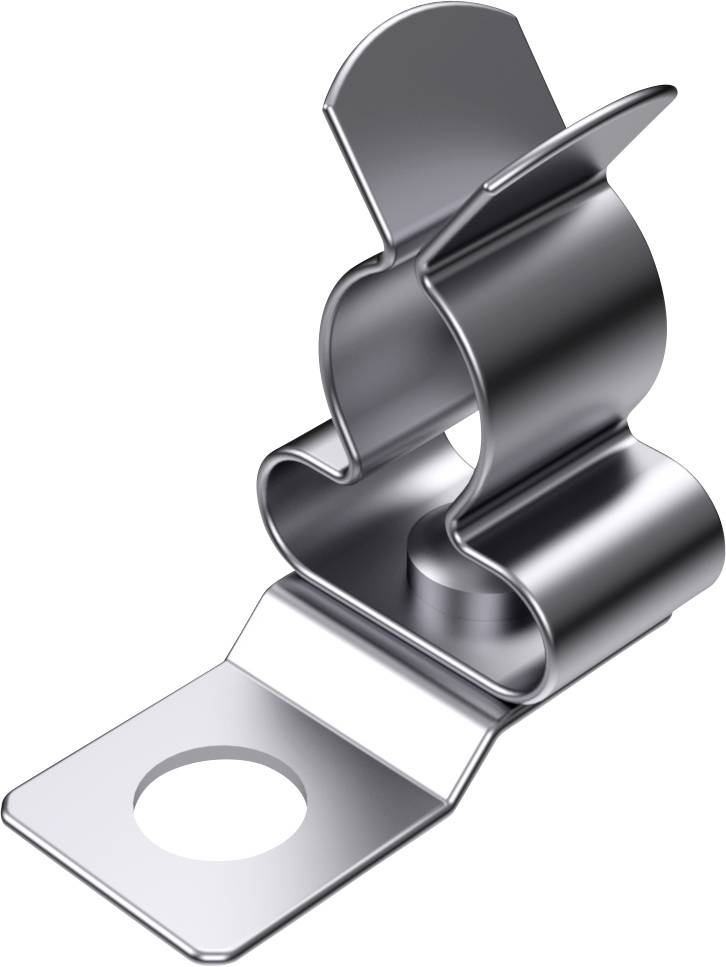 Metallischer Clip mit gebogenem Design und einer Öffnung für Befestigungen.