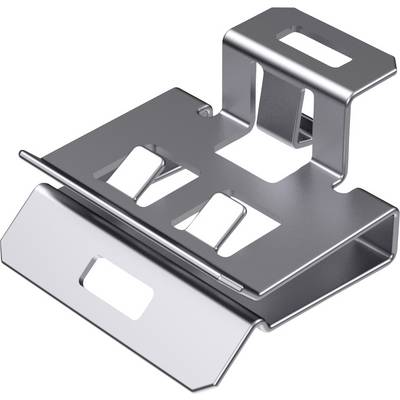 Metallklammer in silberner Farbe, mit rechteckigen Öffnungen und gebogenem Design, verwendet zur Befestigung oder Halterung.
