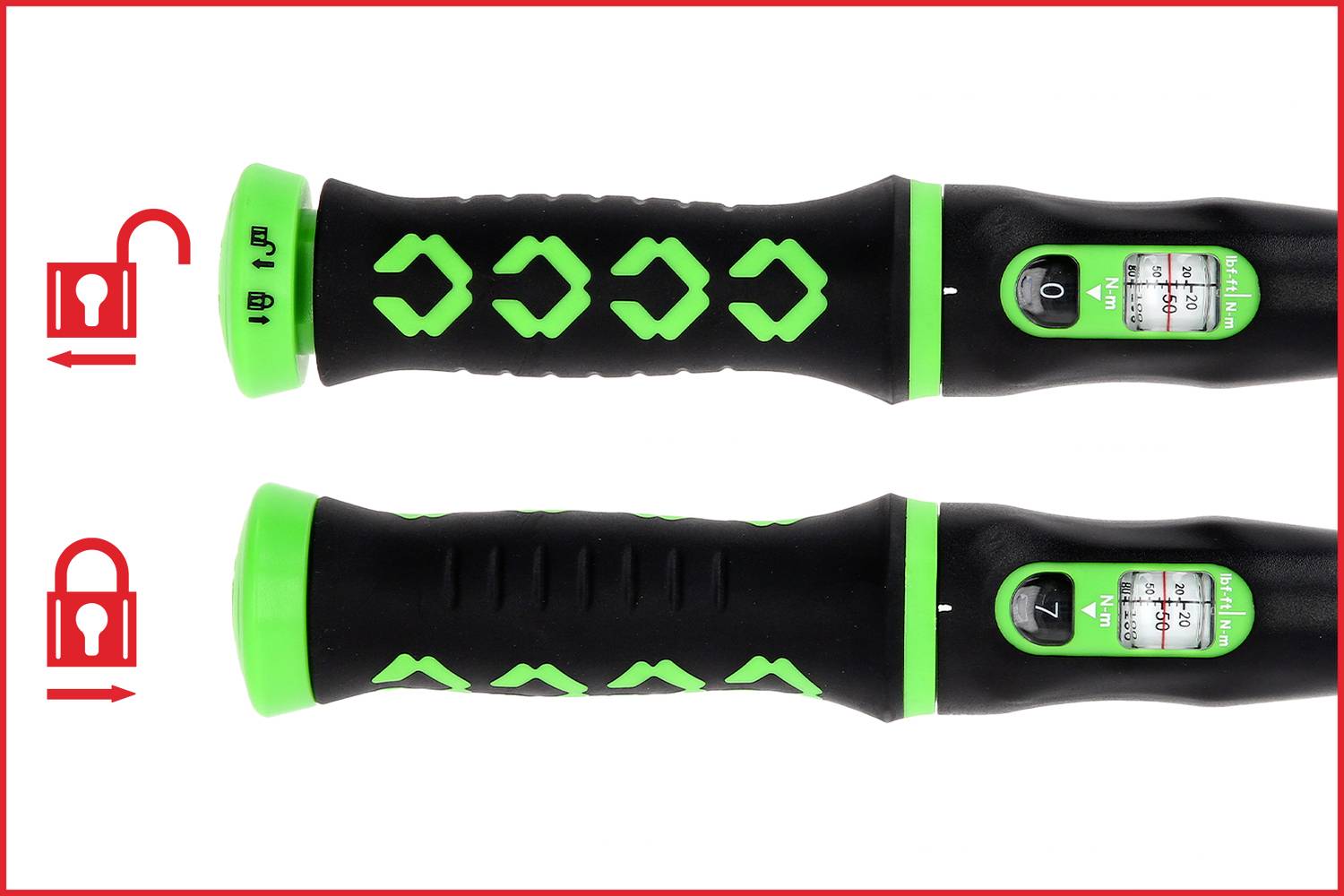 Zwei schwarze Griffe mit grünen Details und Skalenanzeige. Links ist die Skala auf Null, rechts zeigt sie eine höhere Zahl.