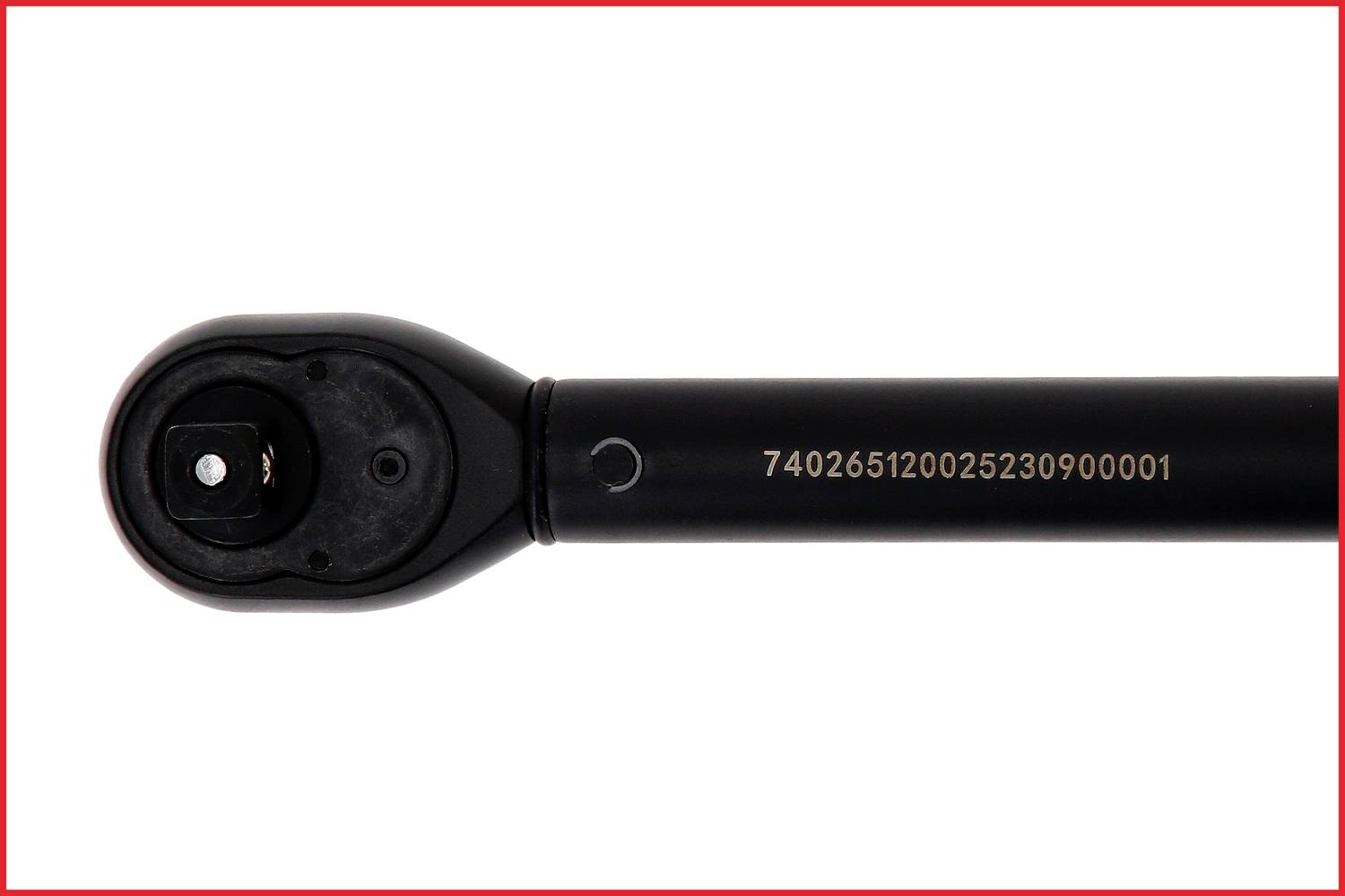 Schwarzer Hebelarm mit mechanischem Schraubkopf links, Seriennummer rechts, auf weißem Hintergrund. Geeignet für präzise manuelle Verschraubungen.