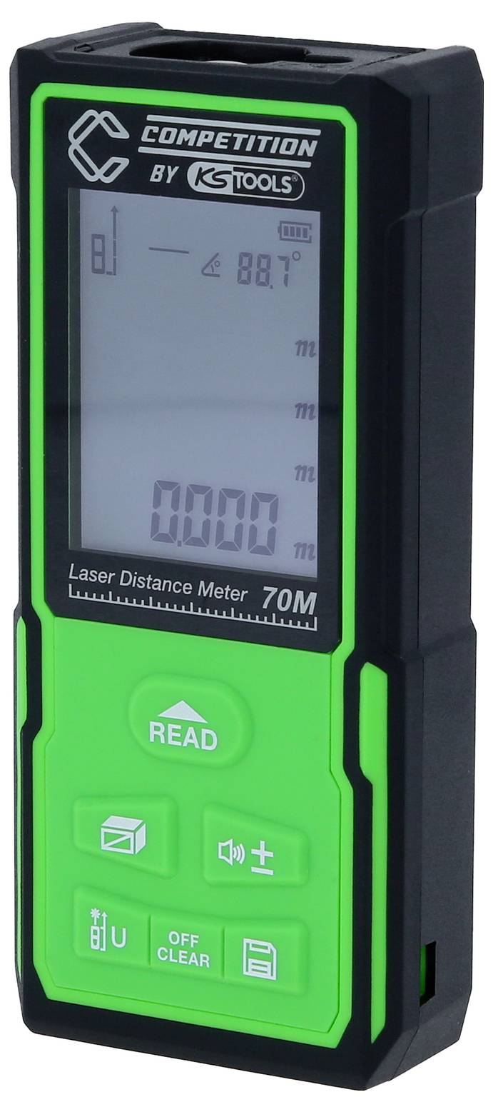 Laser-Entfernungsmesser mit grünem Gehäuse, Display zeigt Messwerte. Knöpfe zum Messen und Speichern. Marke 'Competition by KS Tools'.