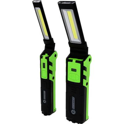 Zwei grüne und schwarze LED-Arbeitslampen mit verstellbarem Kopf, ideal für flexibel gerichtetes Licht in Werkstätten.