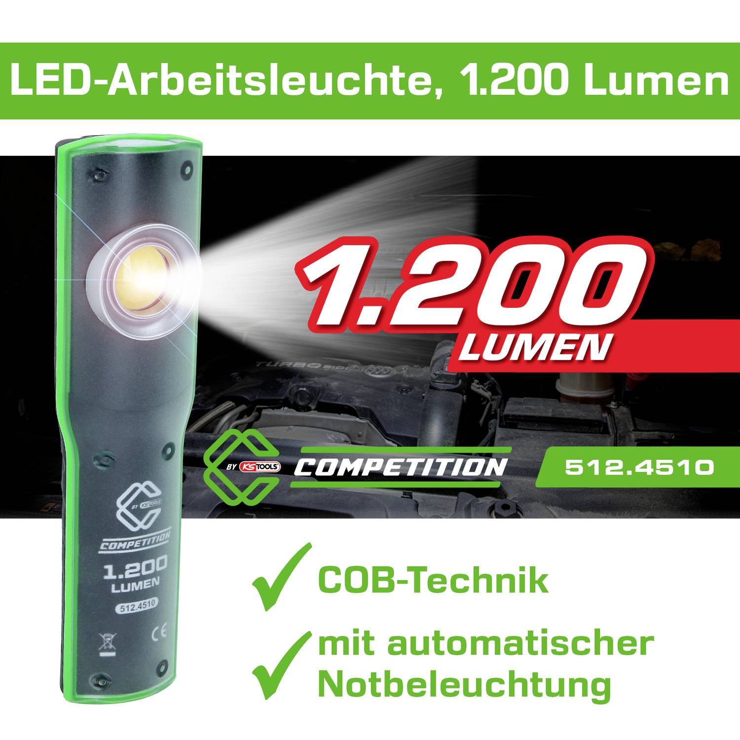 'LED-Arbeitsleuchte, 1.200 Lumen' mit COB-Technik und automatischer Notbeleuchtung, hervorgehoben in rotem Text auf grünem Hintergrund.