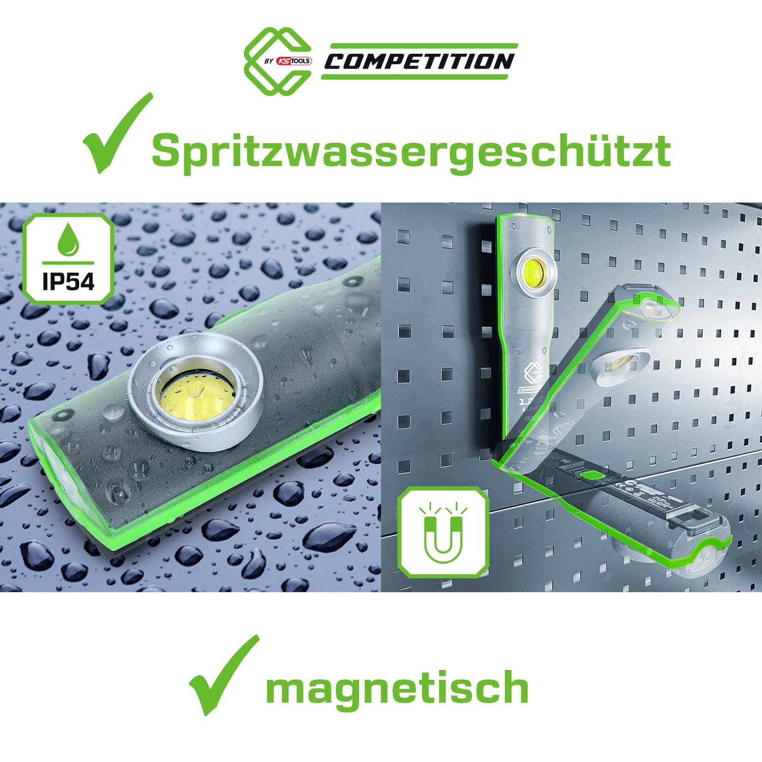 Zwei Bilder einer Arbeitsleuchte: Links zeigt IP54-Schutz vor Spritzwasser, rechts montiert am magnetischen Brett. Text: 'Spritzwassergeschützt', 'magnetisch'.