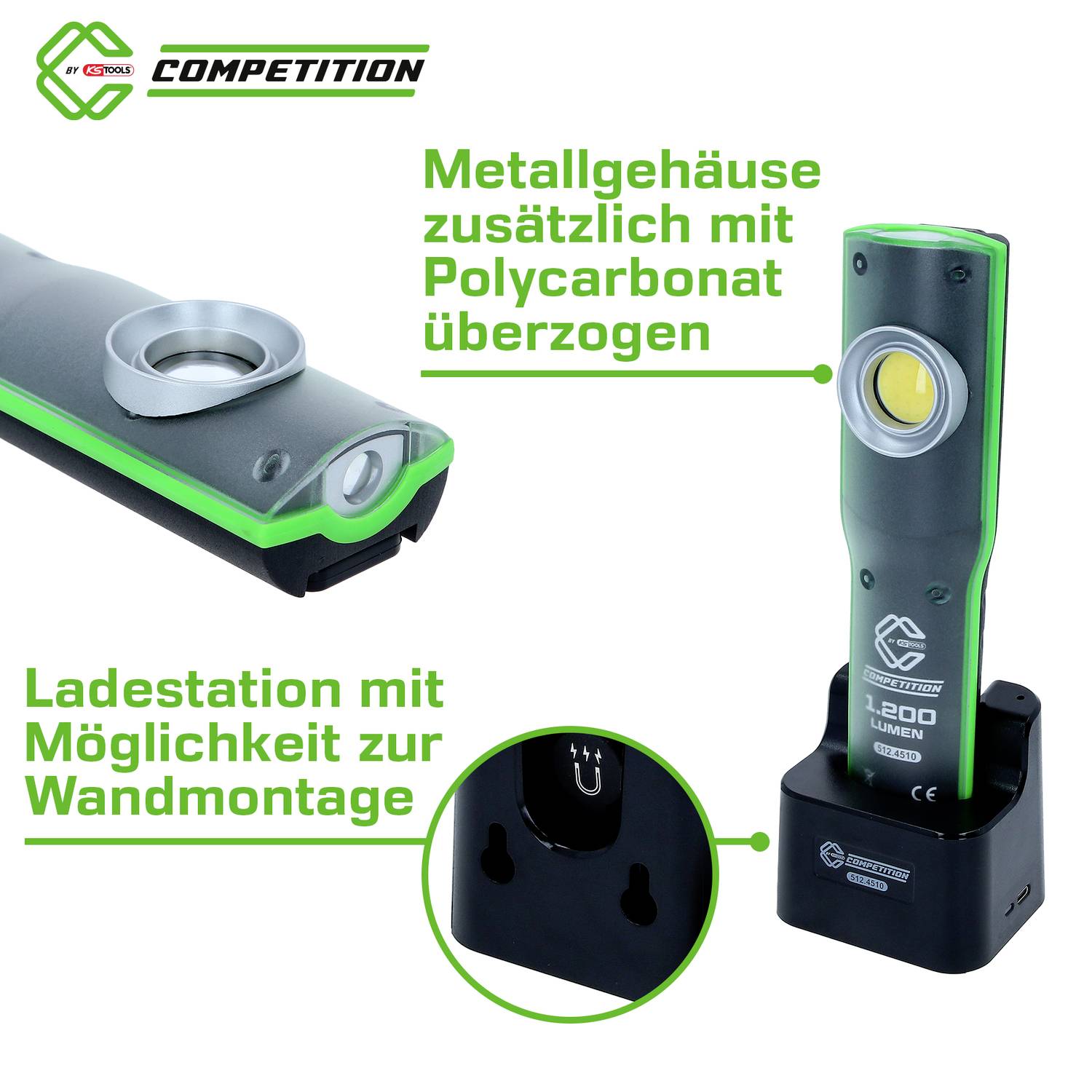 'Metallgehäuse zusätzlich mit Polycarbonat überzogen'. Taschenlampe in Ladestation, geeignet für Wandmontage.