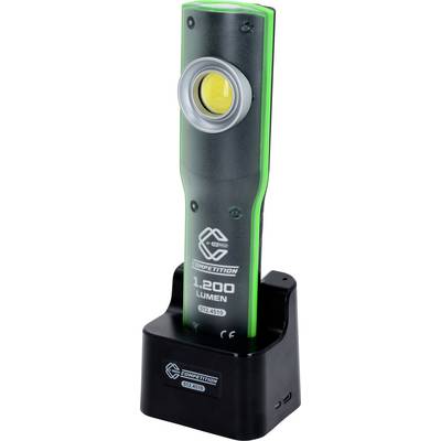 Eine grüne LED-Lampe mit 1.200 Lumen steht auf einer Ladestation.