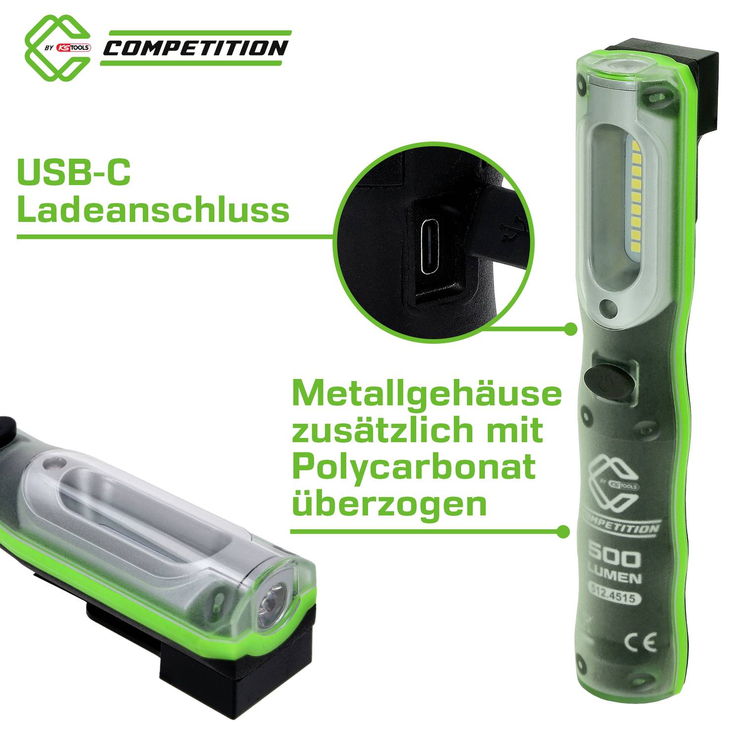 Eine grüne Arbeitsleuchte mit 500 Lumen, USB-C Ladeanschluss und zusätzlichem Gehäuse aus Polycarbonat wird gezeigt.