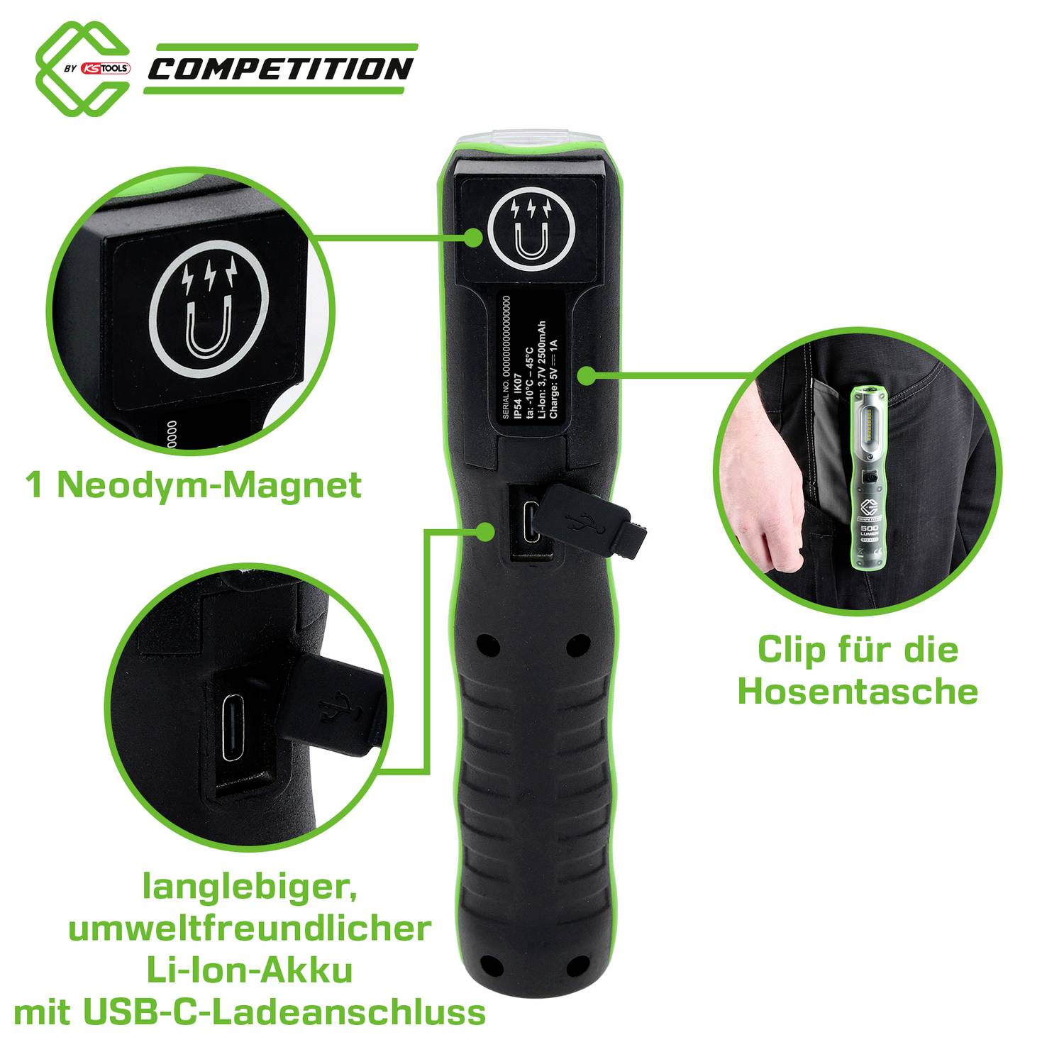 Ein batteriebetriebenes Gerät mit Clip für die Hosentasche, USB-C-Ladeanschluss, umweltfreundlichem Li-Ion-Akku und Neodym-Magnet.