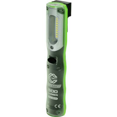 Tragbare LED-Taschenlampe mit grünem Rand, aufgedruckter Text: '500 Lumen'. Geeignet für vielseitige Einsatzbereiche.