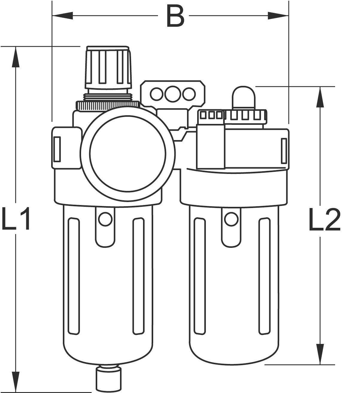 'Technische Zeichnung eines zweizylindrigen Luftfilters mit markierten Höhen L1 und L2 sowie einer Breite B.'