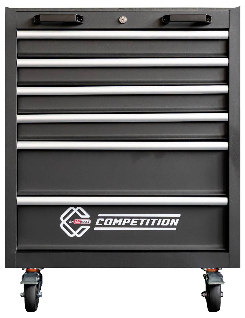 Schwarzgrauer Werkzeugwagen auf Rollen mit sechs Schubladen. Aufschrift 'COMPETITION'.