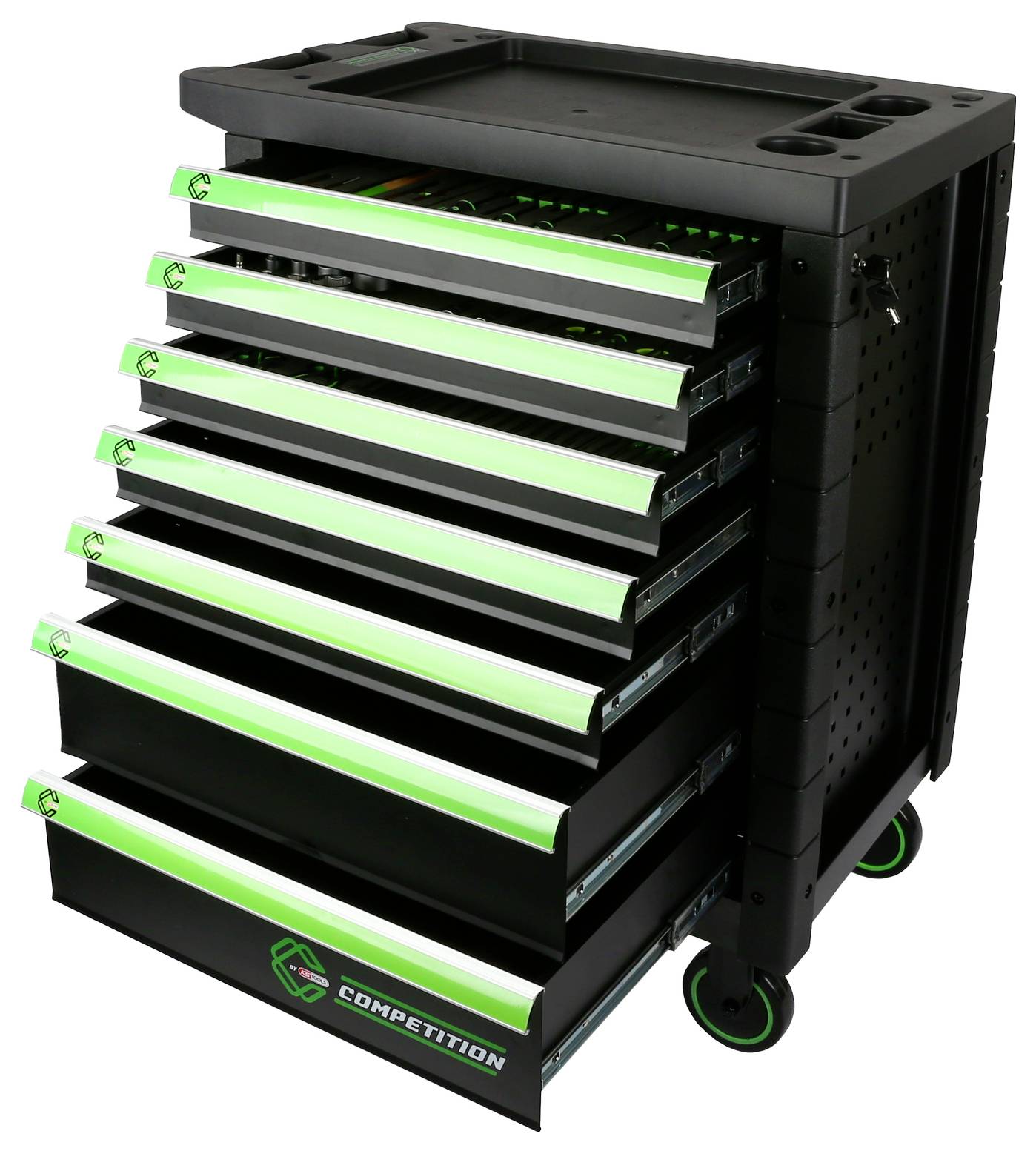 Ein schwarzer Werkzeugwagen mit sechs offenen grünen Schubladen, zwei Rädern unten, geeignet für Werkzeuge und Werkstattbedarf.