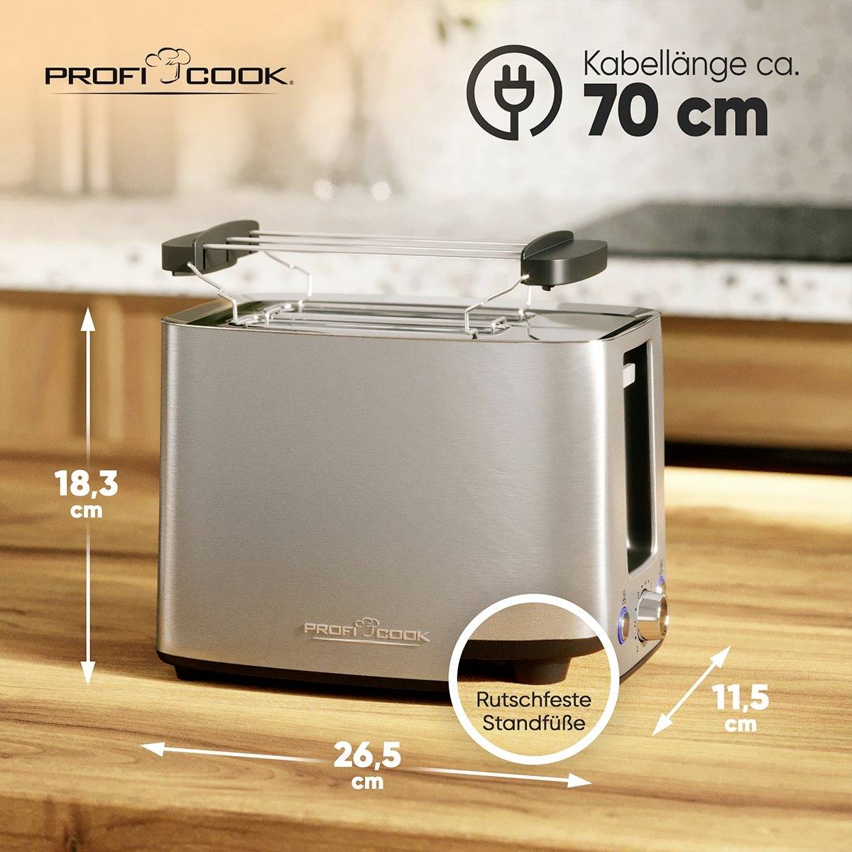 Toaster aus Edelstahl mit Maßen: Höhe 18,3 cm, Breite 26,5 cm, Tiefe 11,5 cm. Kabellänge ca. 70 cm. Hat rutschfeste Standfüße.