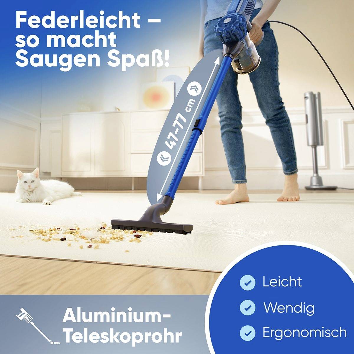 'Staubsauger auf hellem Teppich, saugt Krümel. Text: Federleicht – so macht Saugen Spaß! Aluminium-Teleskoprohr.'