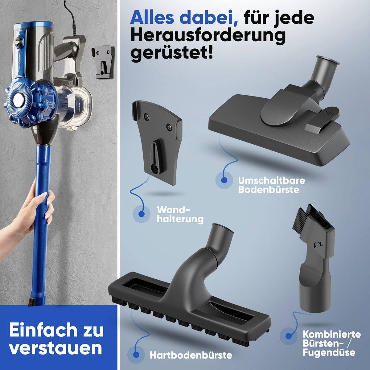 'Akku-Staubsauger mit Zubehör: Kombibürste, umschaltbare Bodenbürste, Hartbodenbürste. Ideal für verschiedene Reinigungsaufgaben.'