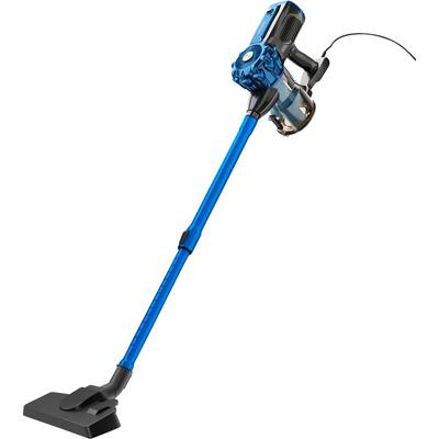 Ein blauer kabelloser Staubsauger mit schlankem Design und länglichem Griff, verwendet zur Reinigung von Böden und Teppichen.