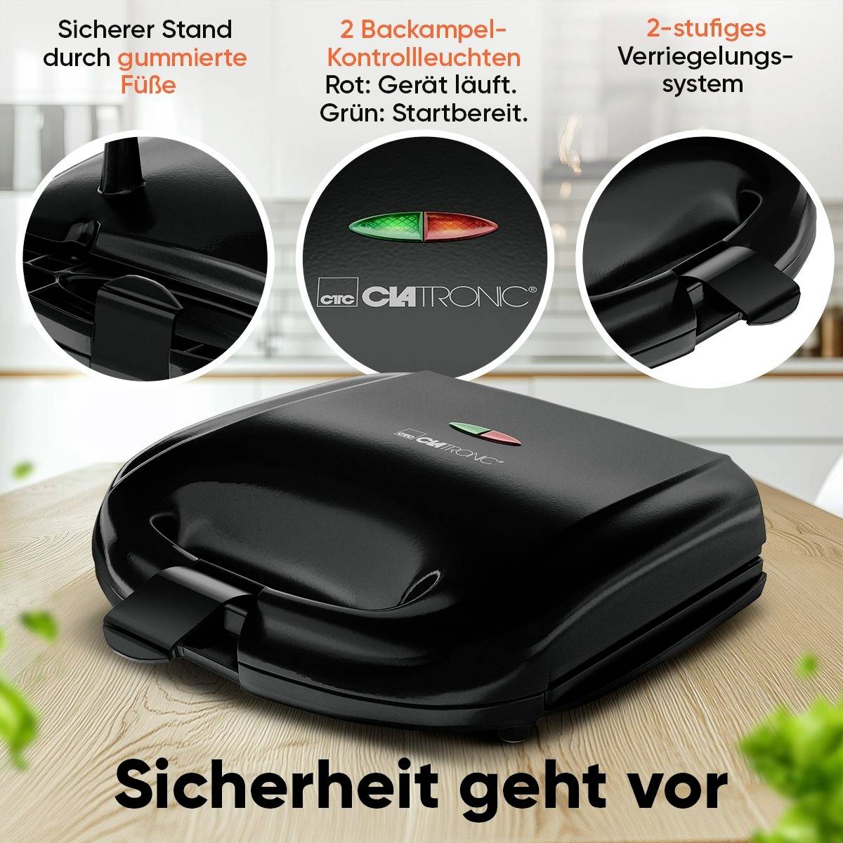 Waffeleisen mit gummierten Füßen, Backampel-Kontrollleuchten, zweistufigem Verriegelungssystem; Text: 'Sicherheit geht vor'.
