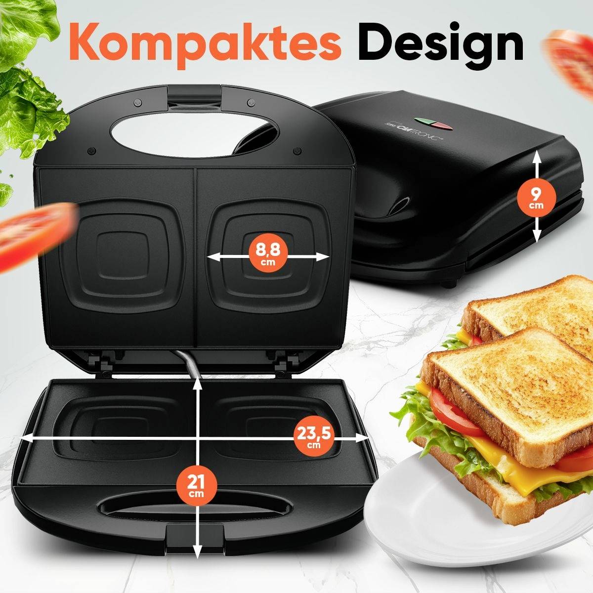 Ein geöffneter Sandwichmaker mit Abmessungen, daneben ein geschlossener Sandwichmaker und ein Teller mit zwei goldbraunen Sandwiches.