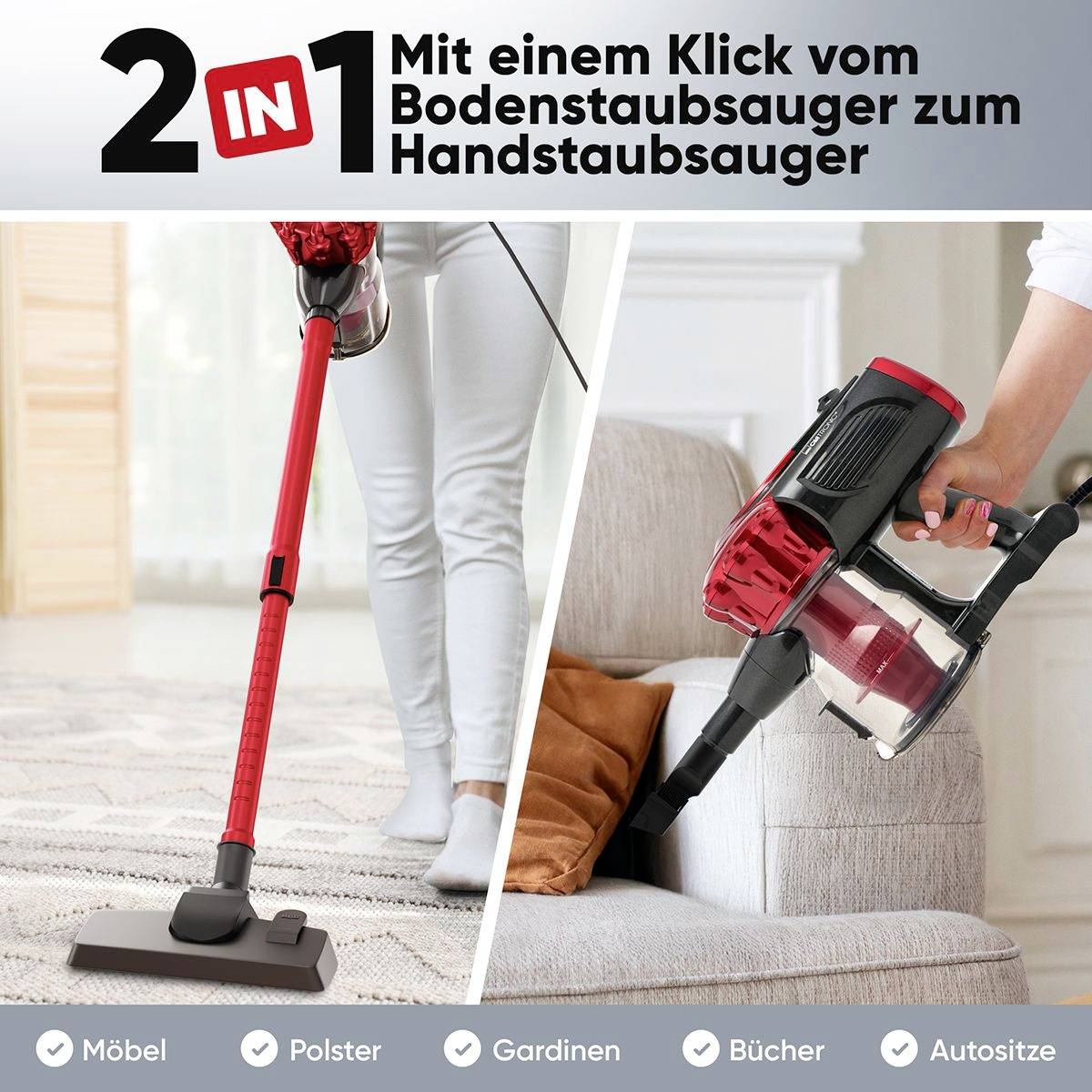 '2 in 1' Handstaubsauger wird als Bodenstaubsauger und Handstaubsauger gezeigt, geeignet für Möbel, Polster, Gardinen, Autositze.