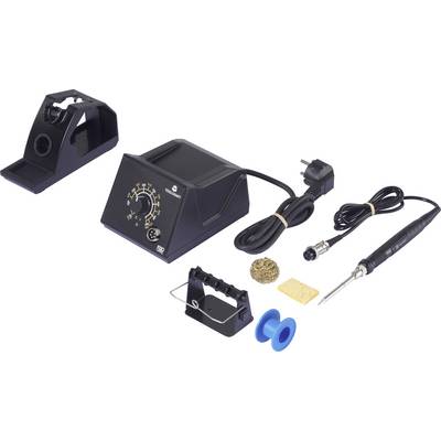 Lötstation-Set mit einstellbarer Temperaturregeleinheit, Löteisenhalter, Lötkolben, Reinigungsschwamm, Lötspitzenreiniger und Netzkabel.
