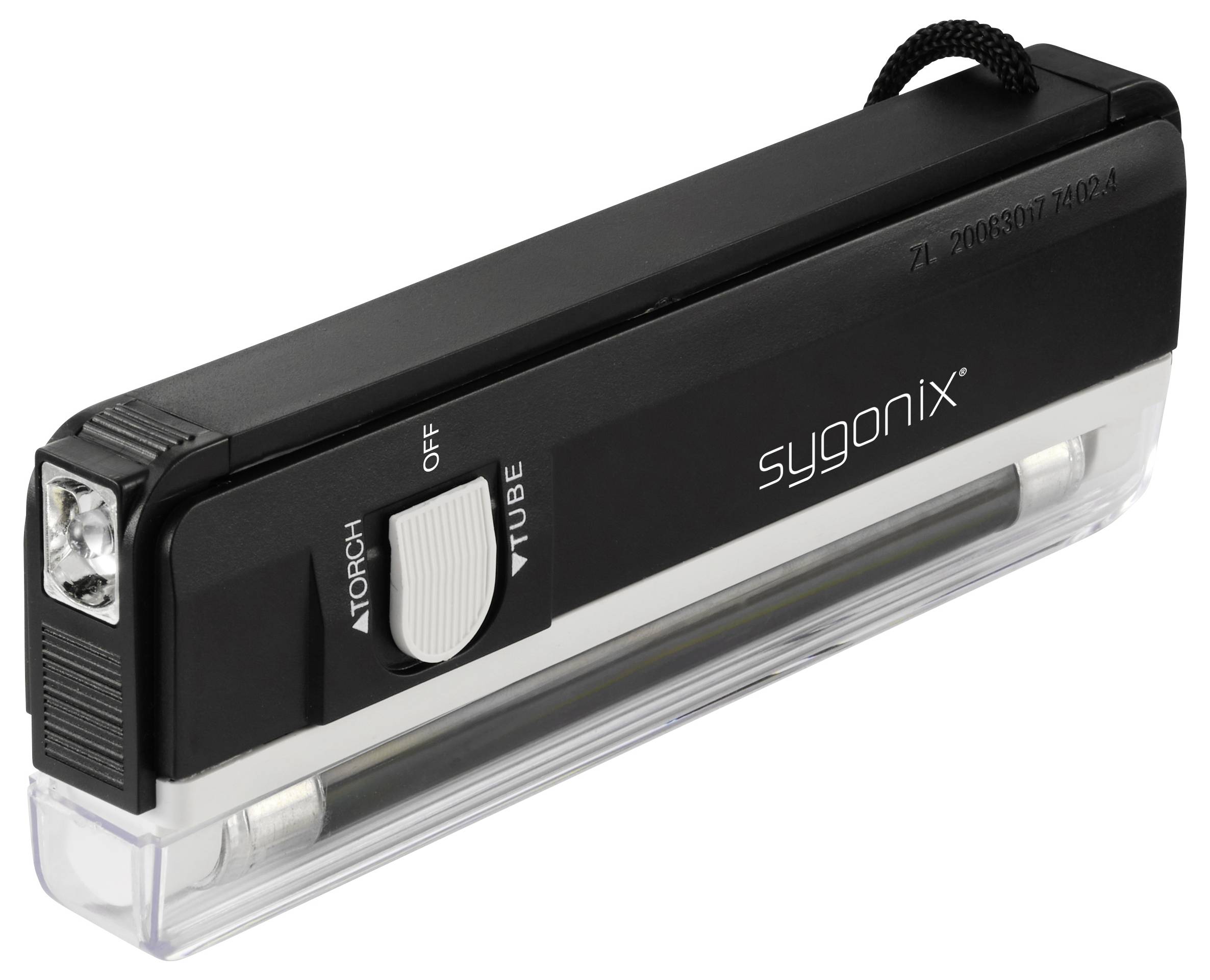 Eine schwarze und silberne Sygonix-Taschenlampe mit einem Schalter für die Optionen „Fackel", „Aus" und „Rohr" sowie einem Trageriemen.