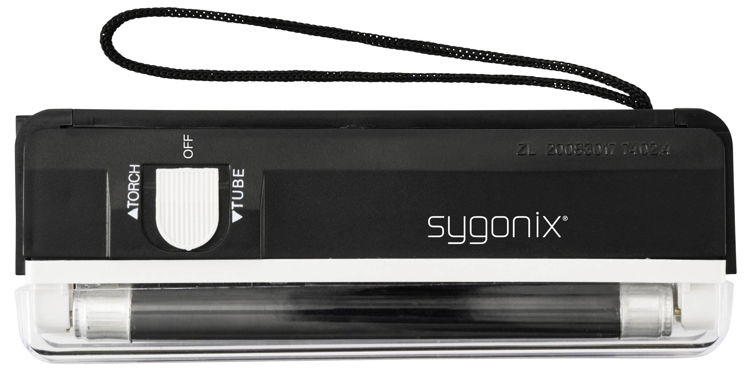Eine schwarze und weiße Sygonix-Taschenlampe mit einem Schalter für Fackel- und Röhrenmodus, ausgestattet mit einem schwarzen Trageriemen.