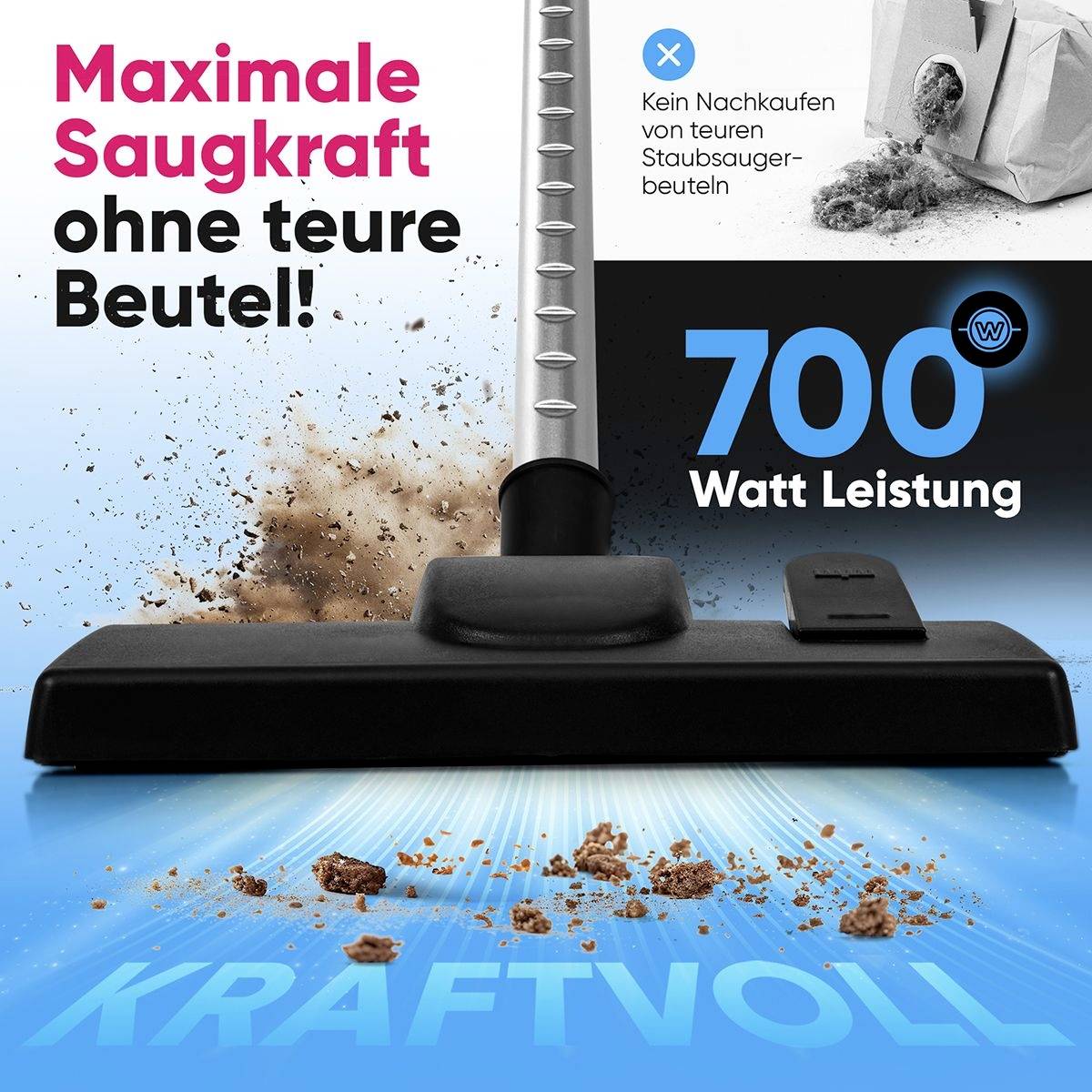 'Staubsaugerrohr mit Schmutzansaugung; Text: Maximale Saugkraft ohne Beutel! 700 Watt Leistung; Kein Nachkaufen von Staubsaugerbeuteln.'