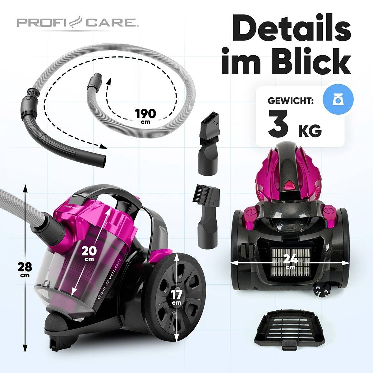 Staubsauger, pink-schwarz, Maße: 20 cm hoch, 24 cm breit, 28 cm lang, Schlauch 190 cm. Gewicht: 3 kg. Zubehör: Bürste, Aufsatz.