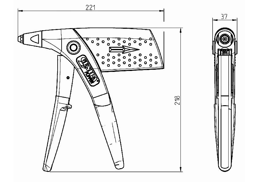 Technische Zeichnung eines Nietwerkzeugs mit Maßen: 221 mm Länge, 37 mm Breite und 218 mm Höhe. Zeigt Details der Konstruktion.