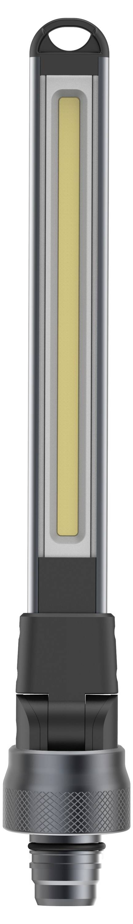 Ein länglicher LED-Lichtstreifen mit grauem Gehäuse und gelb leuchtender Fläche, unten mit metallischem Steckanschluss.