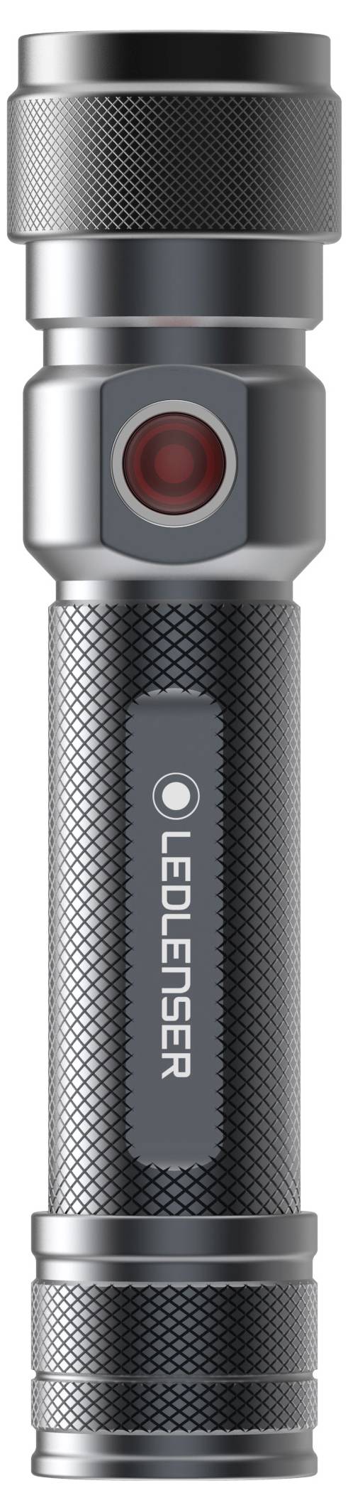 Schwarze LED-Taschenlampe mit rotem Knopf und geprägtem Markenschriftzug auf dem Griff.