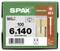 Kiste mit 100 Schrauben, Größe 6x140 mm, Markenname 'SPAX', hergestellt in Deutschland. Zeigt Schraubenlänge, -durchmesser und -verwendung.