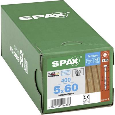 Grüne Schachtel mit der Aufschrift 'SPAX', enthält 400 Terrassenschrauben aus Edelstahl, Größe 5x60 mm, hergestellt in Deutschland.