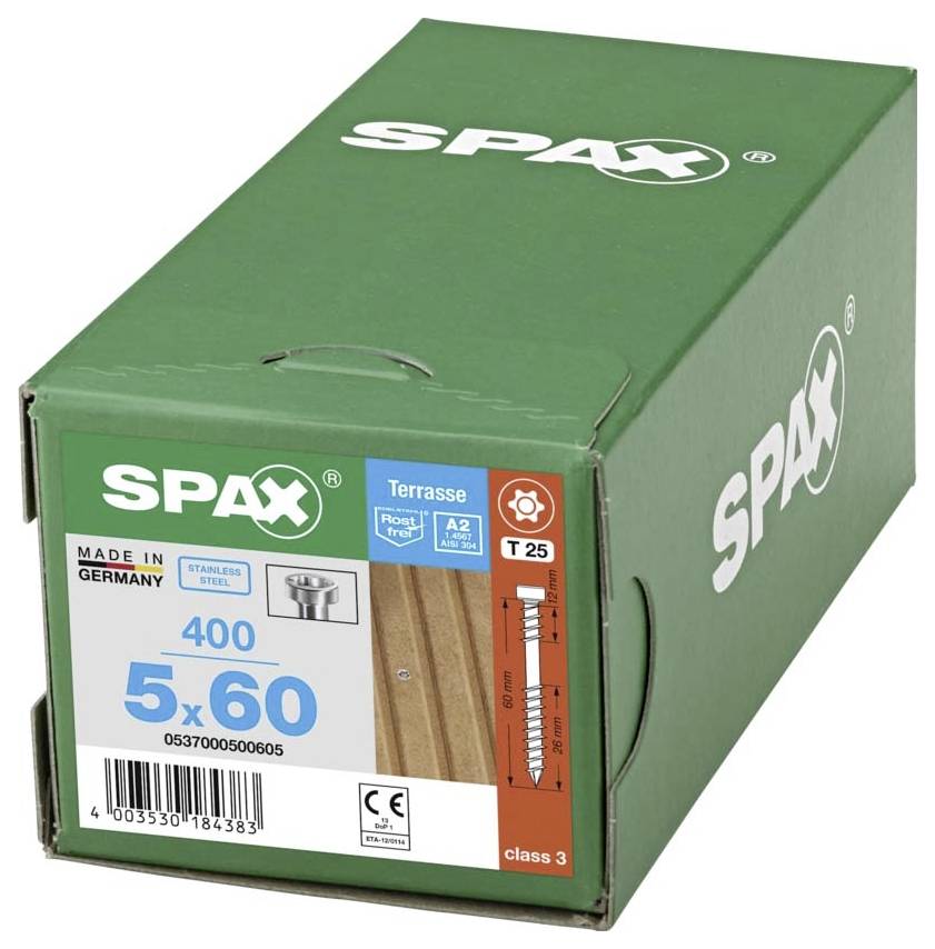 Eine grüne SPAX-Schachtel mit 400 Terrassenschrauben aus Edelstahl, Größe 5x60 mm, T25, mit Produktinformationen und Diagramm.